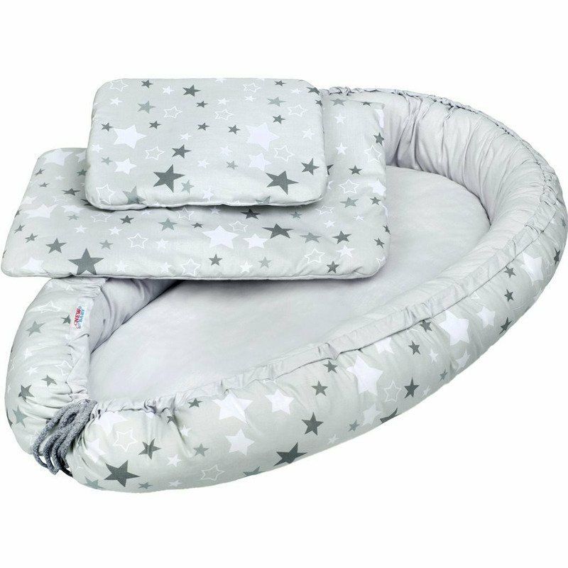 New Baby Set 3 piese Baby Nest cu paturica si pernuta WhiteGrey stars