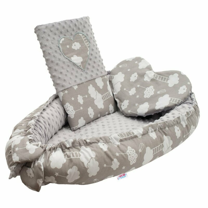 New Baby Set 3 piese Luxury Baby Nest cu doua fete cu paturica si pernuta in forma de inima Minky Heart Cloud