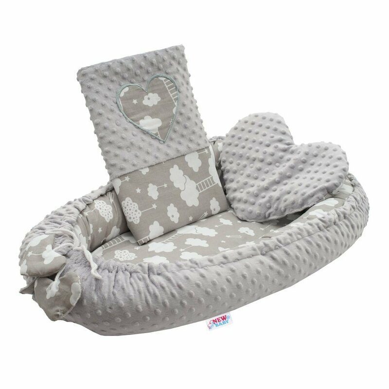 New Baby Set 3 piese Luxury Baby Nest cu doua fete cu paturica si pernuta in forma de inima Minky Heart Cloud