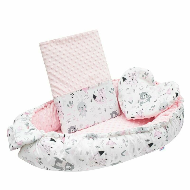 New Baby Set 3 piese Luxury Baby Nest cu paturica si pernuta in forma de inima Minky Bears Pink