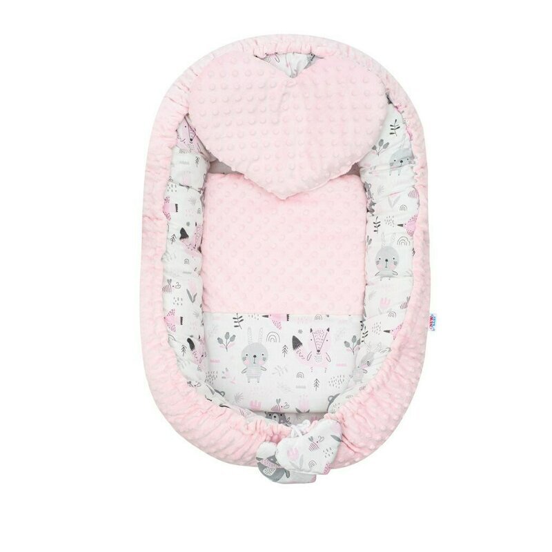 New Baby Set 3 piese Luxury Baby Nest cu paturica si pernuta in forma de inima Minky Bears Pink