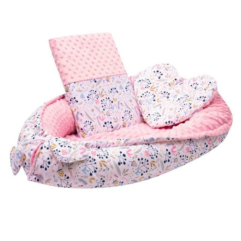 New Baby Set 3 piese Luxury Baby Nest cu paturica si pernuta in forma de inima Minky Cranberries