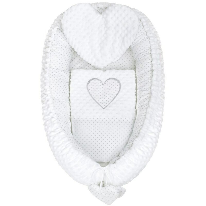 New Baby Set 3 piese Luxury Baby Nest cu paturica si pernuta in forma de inima Minky Heart White