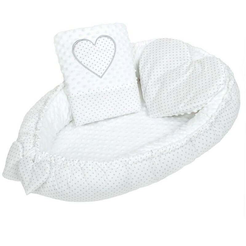New Baby Set 3 piese Luxury Baby Nest cu paturica si pernuta in forma de inima Minky Heart White