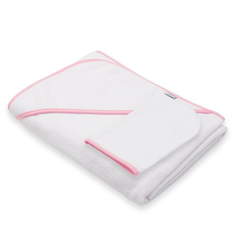 New Baby Set prosop cu gluga si manusa baie 100 x 100 cm basic white-pink