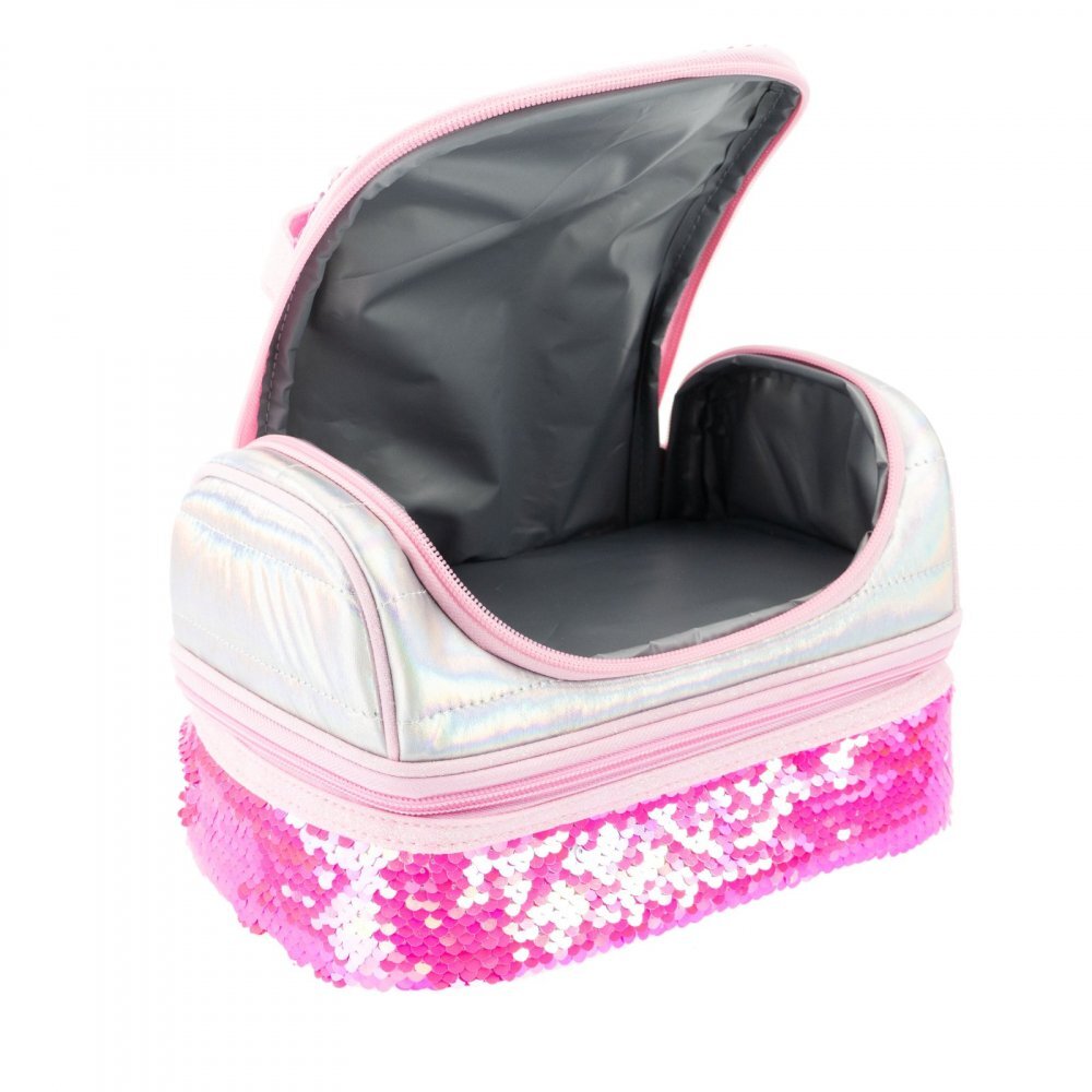 Nice Cutie termica matlasata cu paiete reversibile si interior impermeabil Lunch box Girabrilla Pink Fluo