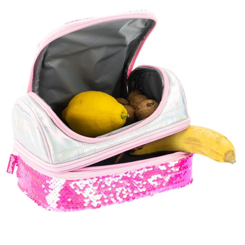 Nice Cutie termica matlasata cu paiete reversibile si interior impermeabil Lunch box Girabrilla Pink Fluo