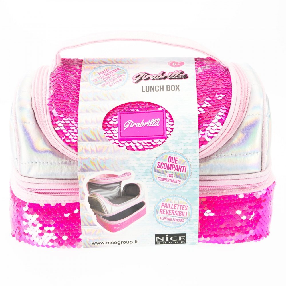Nice Cutie termica matlasata cu paiete reversibile si interior impermeabil Lunch box Girabrilla Pink Fluo