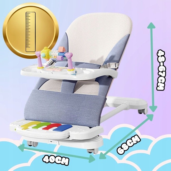 NICEkids Balansoar pentru copii pliabil cu roti si pian detasabil 3 nivele de inclinare tavita detasabila Jucarii interactive atasate 40 x 68 x 67 cm Blue