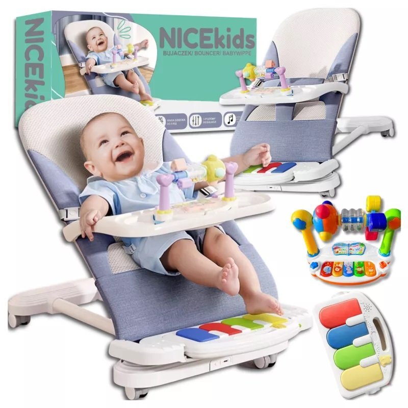 NICEkids Balansoar pentru copii pliabil cu roti si pian detasabil 3 nivele de inclinare tavita detasabila Jucarii interactive atasate 40 x 68 x 67 cm Blue