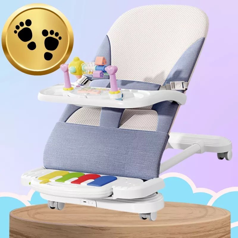 NICEkids Balansoar pentru copii pliabil cu roti si pian detasabil 3 nivele de inclinare tavita detasabila Jucarii interactive atasate 40 x 68 x 67 cm Blue