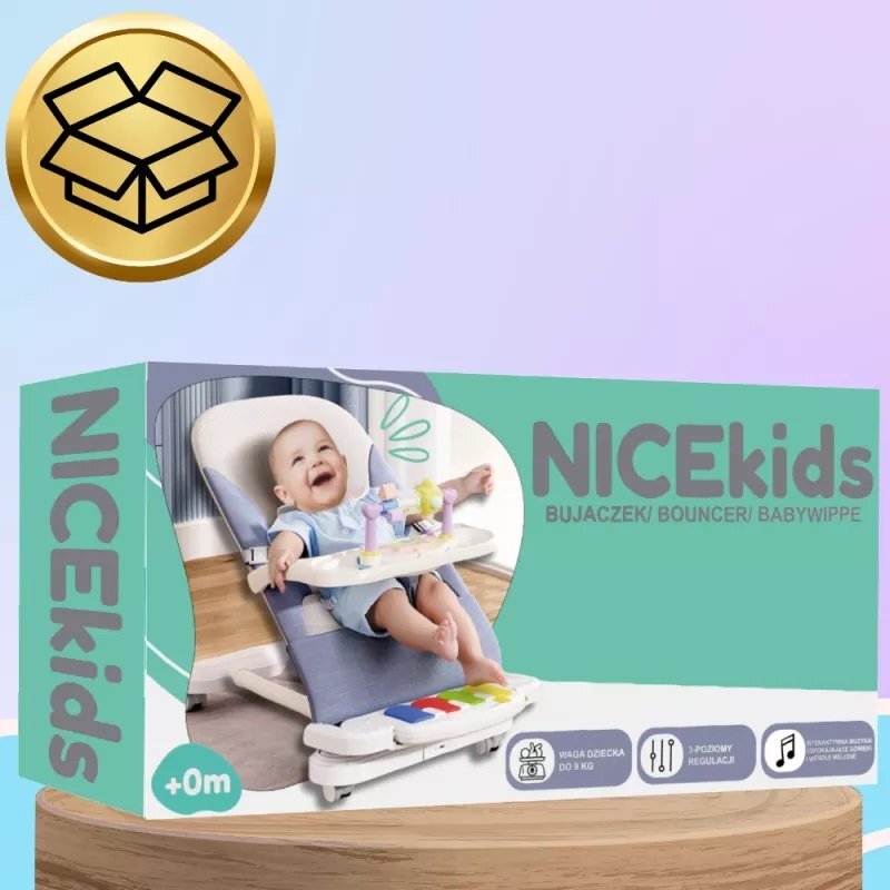 NICEkids Balansoar pentru copii pliabil cu roti si pian detasabil 3 nivele de inclinare tavita detasabila Jucarii interactive atasate 40 x 68 x 67 cm Blue