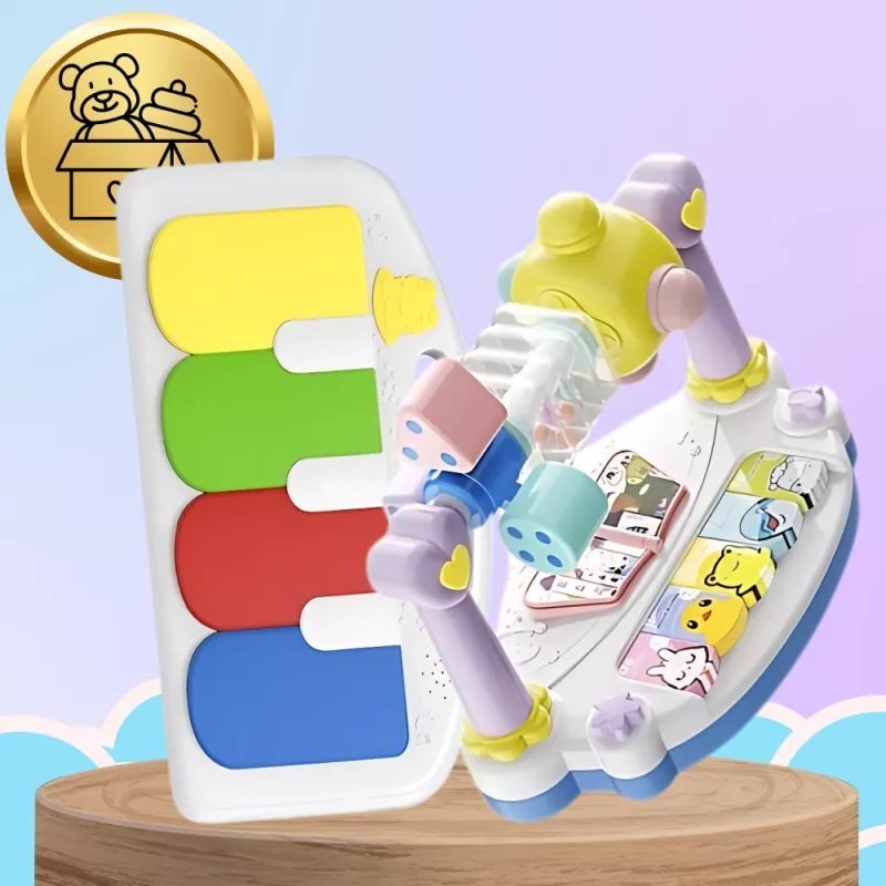 NICEkids Balansoar pentru copii pliabil cu roti si pian detasabil 3 nivele de inclinare tavita detasabila Jucarii interactive atasate 40 x 68 x 67 cm Blue