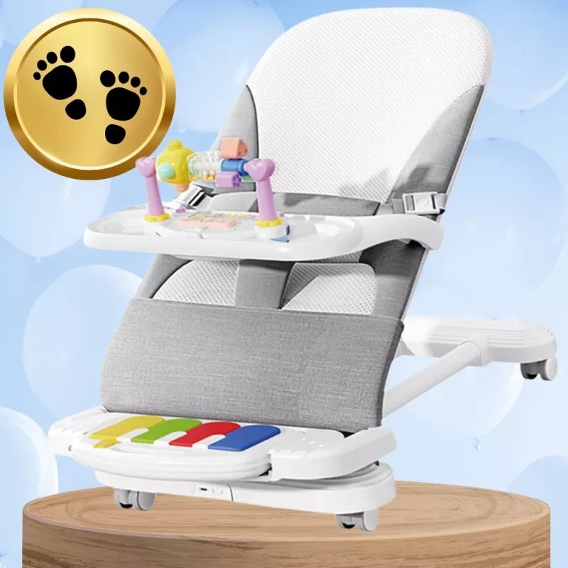 NICEkids Balansoar pentru copii pliabil cu roti si pian detasabil 3 nivele de inclinare tavita detasabila Jucarii interactive atasate 40 x 68 x 67 cm Grey