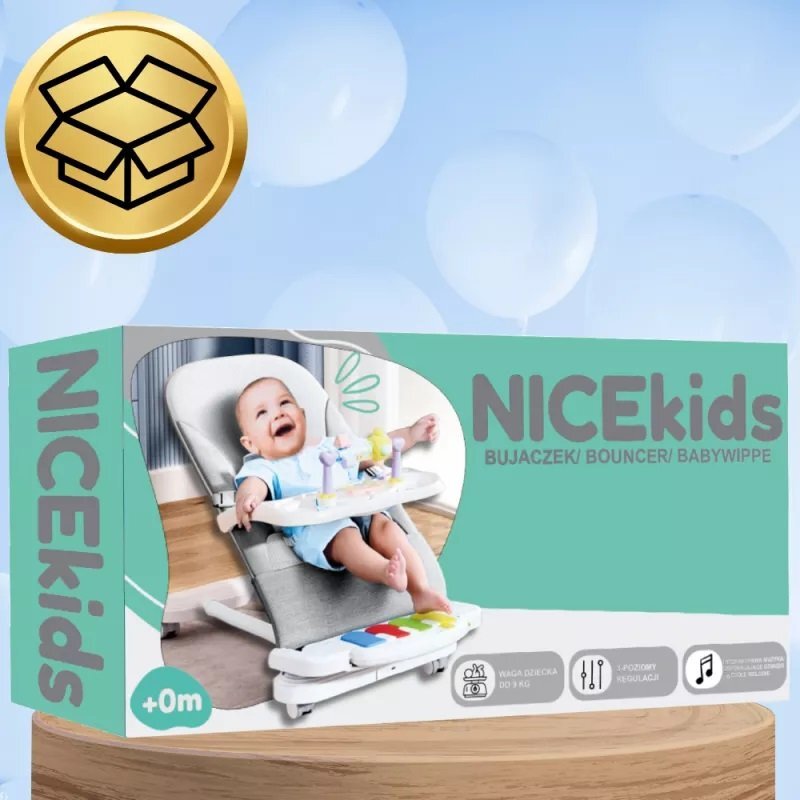 NICEkids Balansoar pentru copii pliabil cu roti si pian detasabil 3 nivele de inclinare tavita detasabila Jucarii interactive atasate 40 x 68 x 67 cm Grey