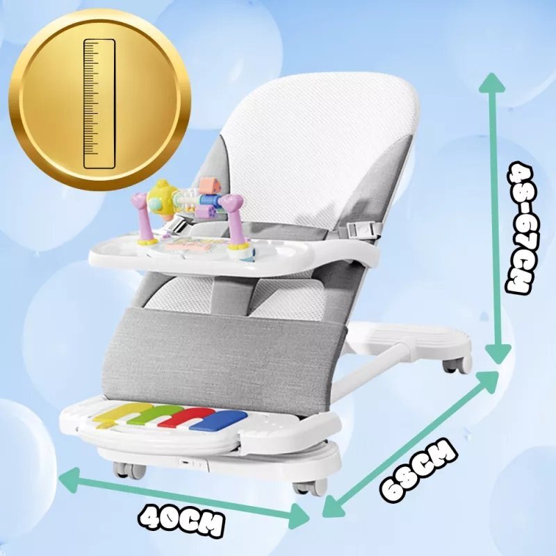 NICEkids Balansoar pentru copii pliabil cu roti si pian detasabil 3 nivele de inclinare tavita detasabila Jucarii interactive atasate 40 x 68 x 67 cm Grey