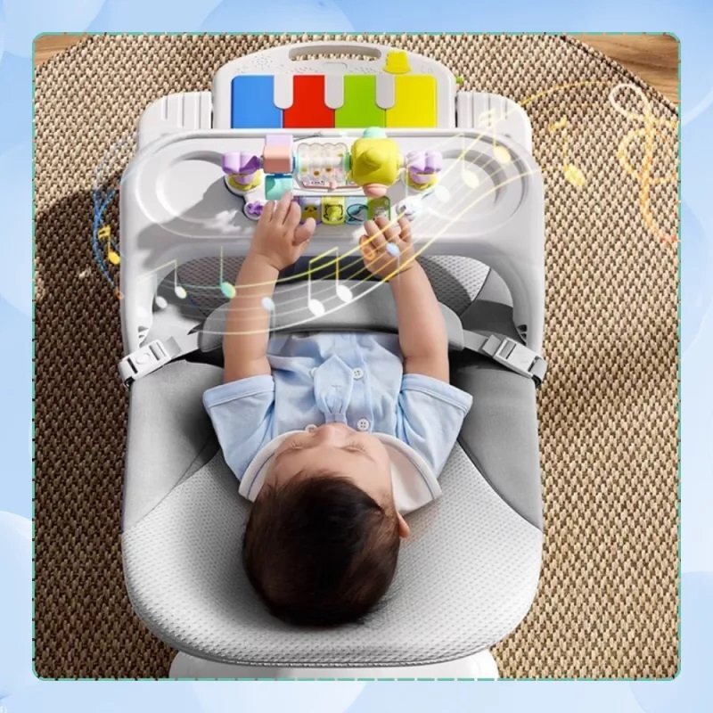 NICEkids Balansoar pentru copii pliabil cu roti si pian detasabil 3 nivele de inclinare tavita detasabila Jucarii interactive atasate 40 x 68 x 67 cm Grey