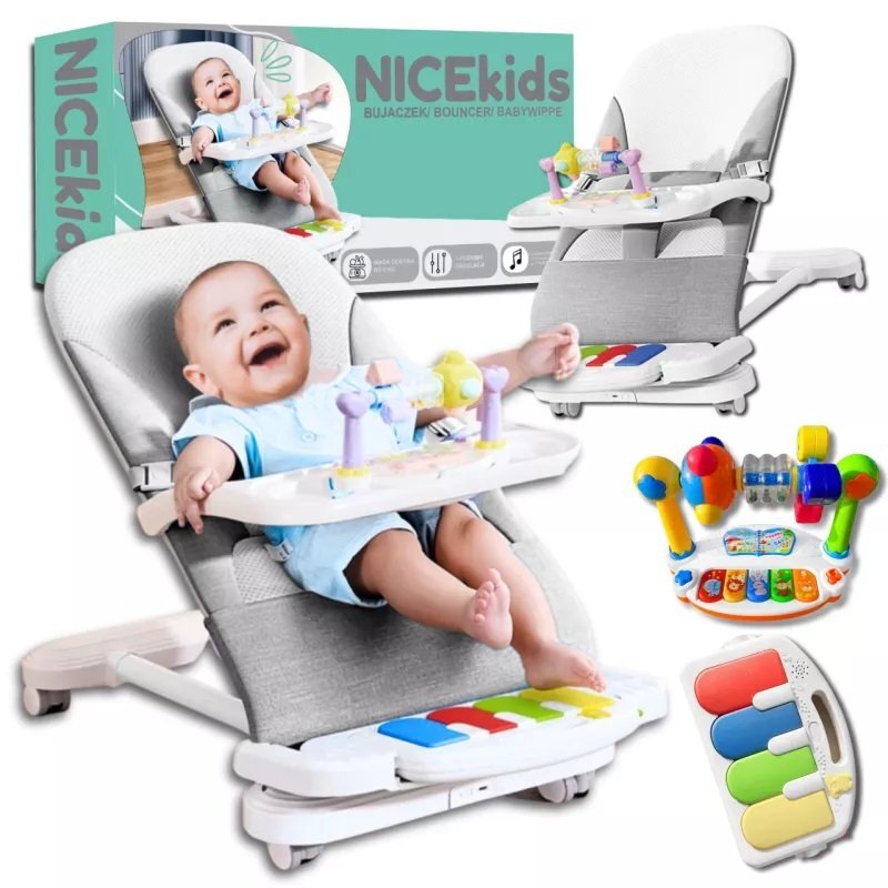 NICEkids Balansoar pentru copii pliabil cu roti si pian detasabil 3 nivele de inclinare tavita detasabila Jucarii interactive atasate 40 x 68 x 67 cm Grey