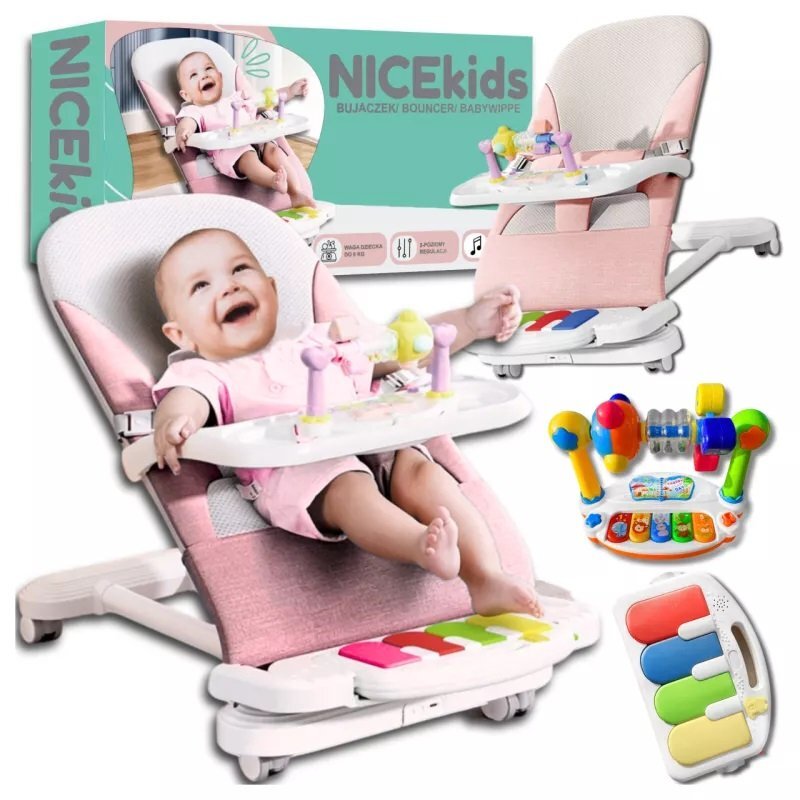NICEkids Balansoar pentru copii pliabil cu roti si pian detasabil 3 nivele de inclinare tavita detasabila Jucarii interactive atasate 40 x 68 x 67 cm Pink