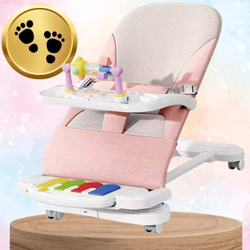 NICEkids Balansoar pentru copii pliabil cu roti si pian detasabil 3 nivele de inclinare tavita detasabila Jucarii interactive atasate 40 x 68 x 67 cm Pink