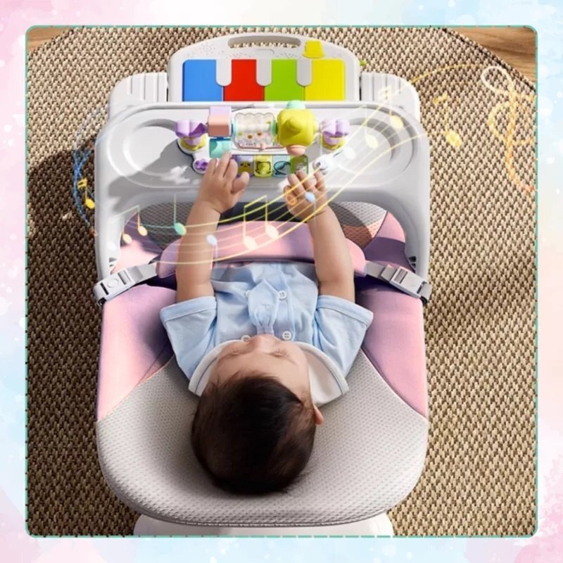 NICEkids Balansoar pentru copii pliabil cu roti si pian detasabil 3 nivele de inclinare tavita detasabila Jucarii interactive atasate 40 x 68 x 67 cm Pink