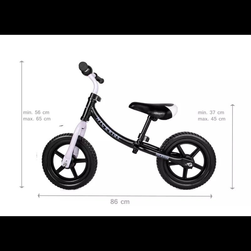 NICEkids Bicicleta copii fara pedale Nice Kids White Black 12 inch roti din spuma eva greutate redusa scaun si ghidon reglabile pe inaltime roti cu rulmenti