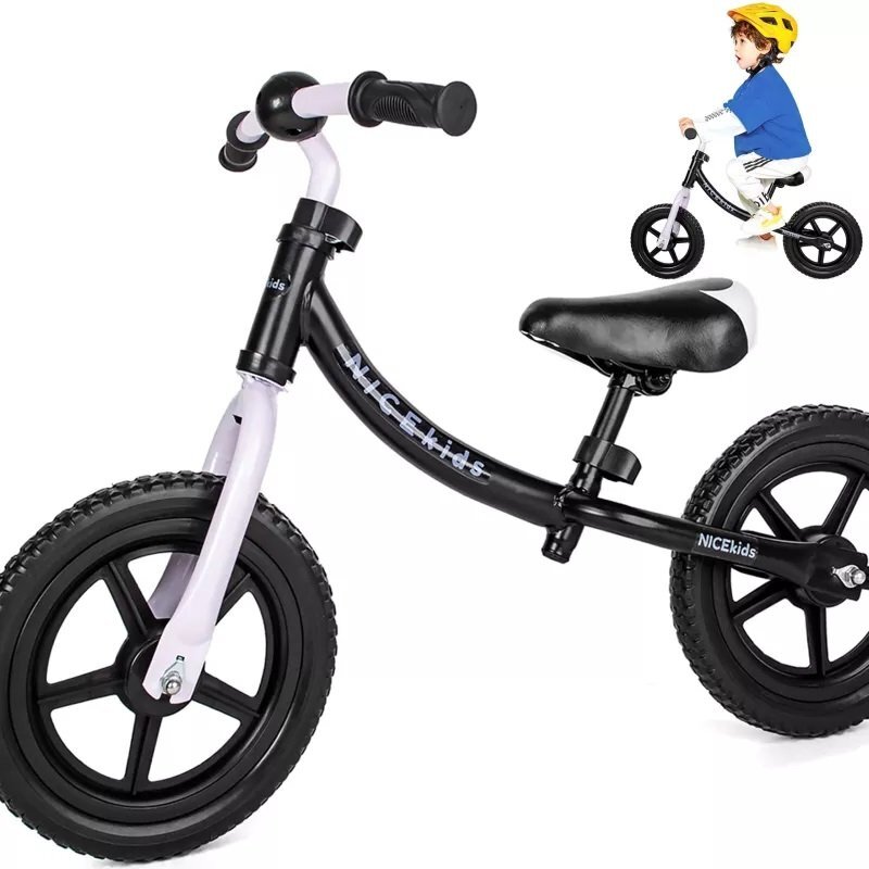 NICEkids Bicicleta copii fara pedale Nice Kids White Black 12 inch roti din spuma eva greutate redusa scaun si ghidon reglabile pe inaltime roti cu rulmenti