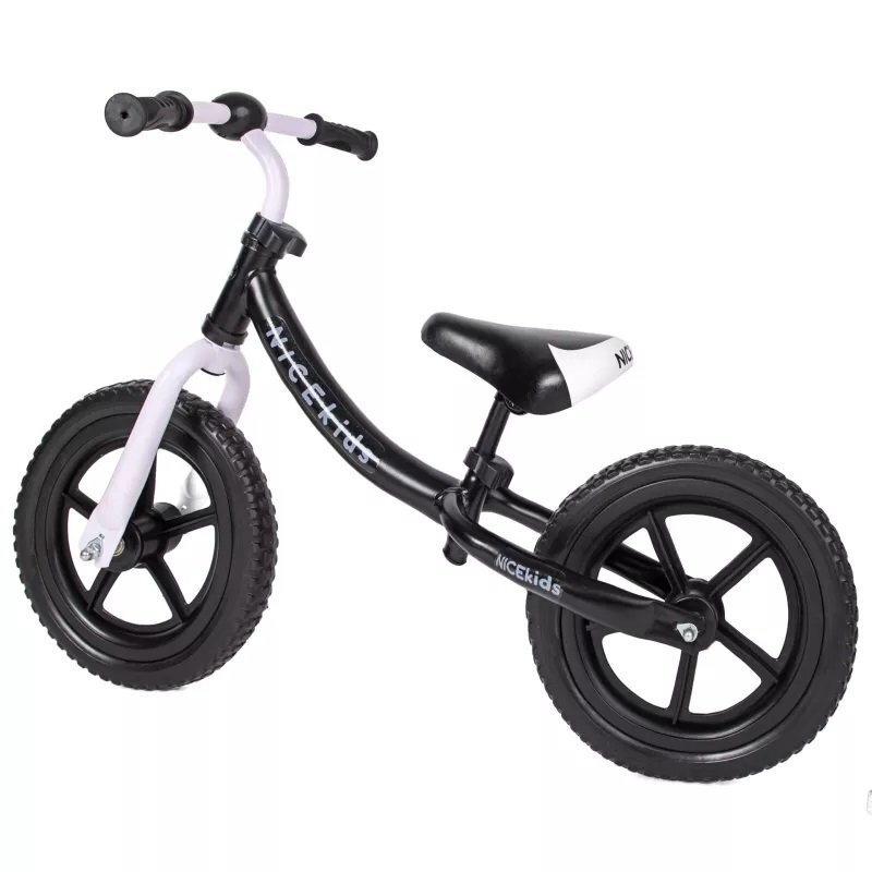 NICEkids Bicicleta copii fara pedale Nice Kids White Black 12 inch roti din spuma eva greutate redusa scaun si ghidon reglabile pe inaltime roti cu rulmenti