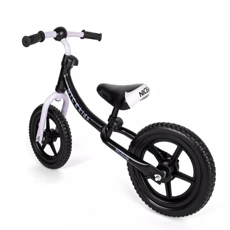 NICEkids Bicicleta copii fara pedale Nice Kids White Black 12 inch roti din spuma eva greutate redusa scaun si ghidon reglabile pe inaltime roti cu rulmenti
