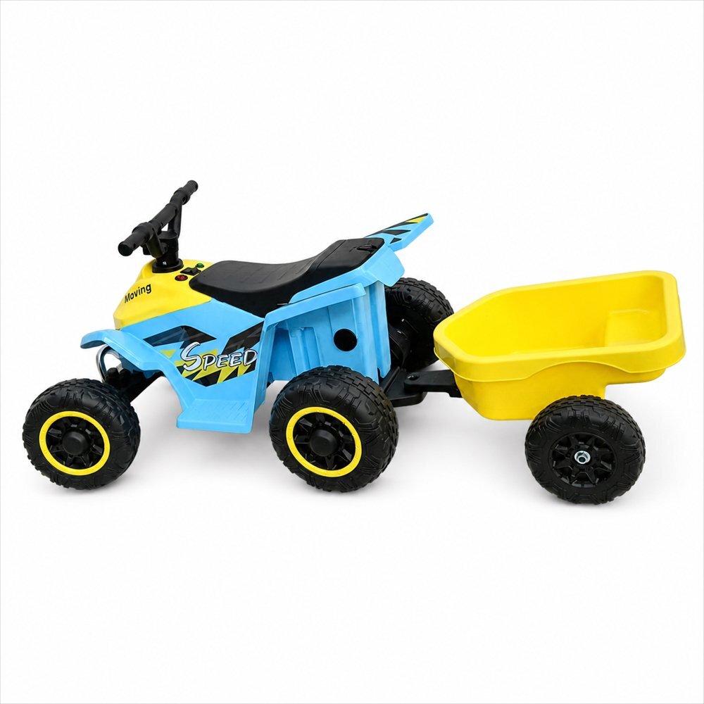 Nichiduta Atv electric cu remorca Mooving Speed BlueYellow roti rezistente remorca detasabila acumulator 6V4.5Ah motor 35w suport picioare