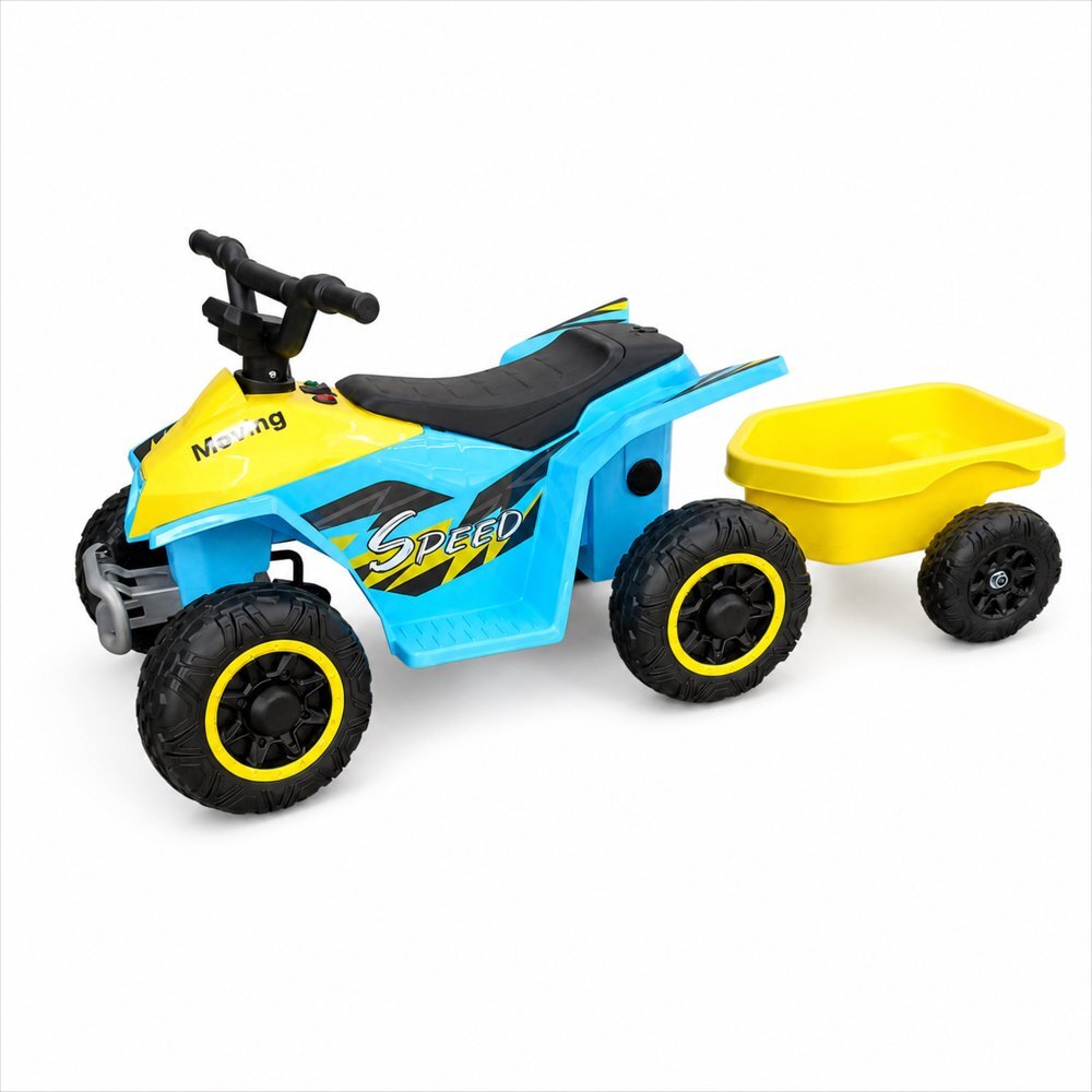 Nichiduta Atv electric cu remorca Mooving Speed BlueYellow roti rezistente remorca detasabila acumulator 6V4.5Ah motor 35w suport picioare