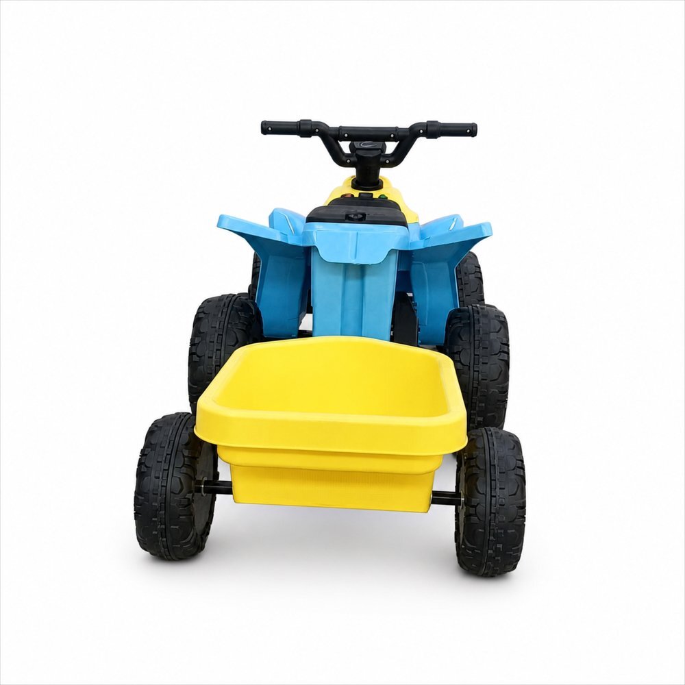 Nichiduta Atv electric cu remorca Mooving Speed BlueYellow roti rezistente remorca detasabila acumulator 6V4.5Ah motor 35w suport picioare