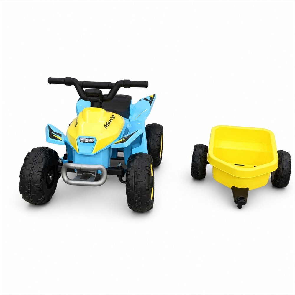 Nichiduta Atv electric cu remorca Mooving Speed BlueYellow roti rezistente remorca detasabila acumulator 6V4.5Ah motor 35w suport picioare