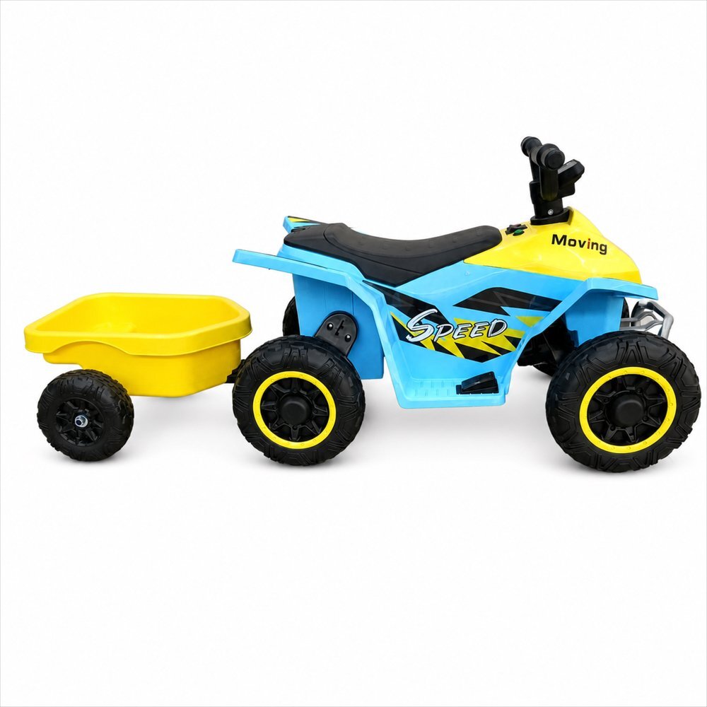 Nichiduta Atv electric cu remorca Mooving Speed BlueYellow roti rezistente remorca detasabila acumulator 6V4.5Ah motor 35w suport picioare