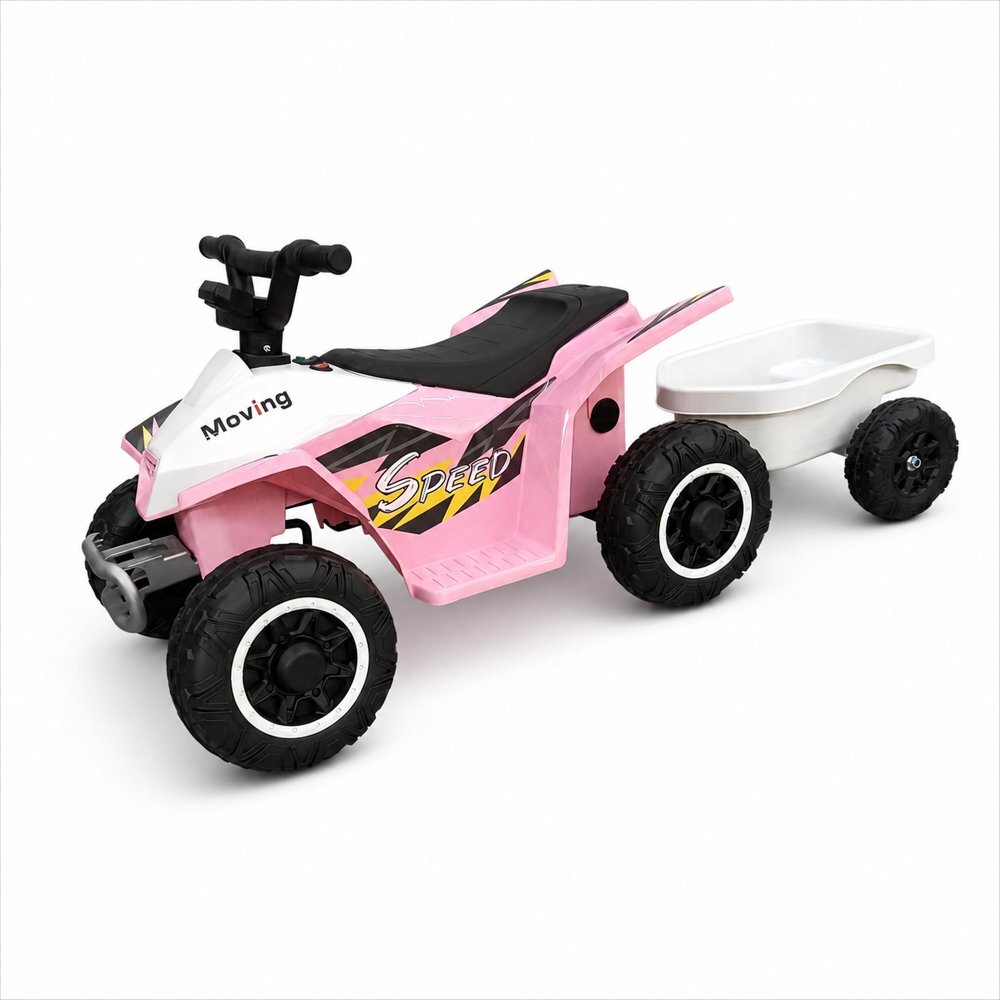 Nichiduta Atv electric cu remorca Mooving Speed PinkWhite roti rezistente remorca detasabila acumulator 6V4.5Ah motor 35w suport picioare