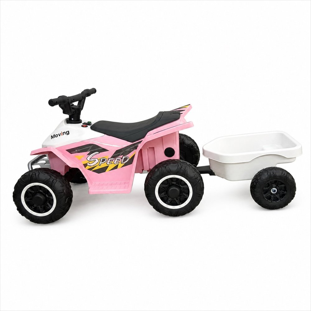 Nichiduta Atv electric cu remorca Mooving Speed PinkWhite roti rezistente remorca detasabila acumulator 6V4.5Ah motor 35w suport picioare