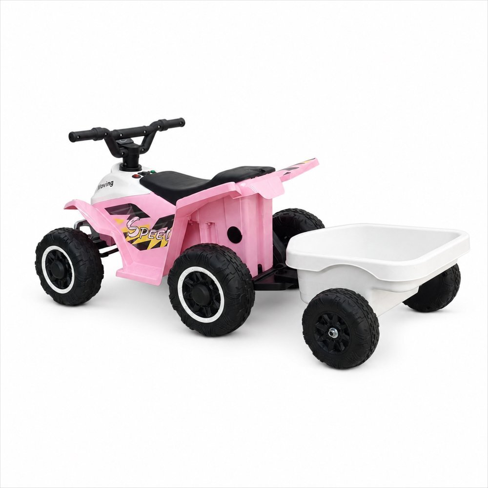 Nichiduta Atv electric cu remorca Mooving Speed PinkWhite roti rezistente remorca detasabila acumulator 6V4.5Ah motor 35w suport picioare