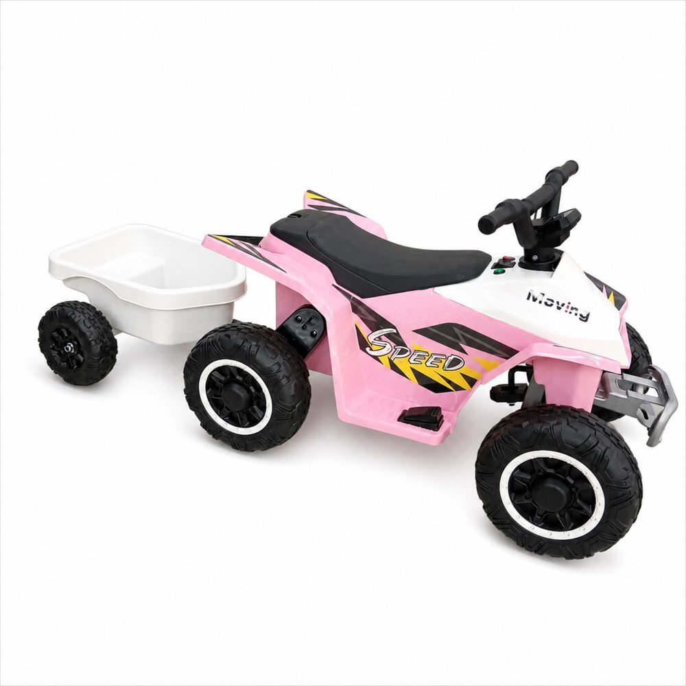 Nichiduta Atv electric cu remorca Mooving Speed PinkWhite roti rezistente remorca detasabila acumulator 6V4.5Ah motor 35w suport picioare