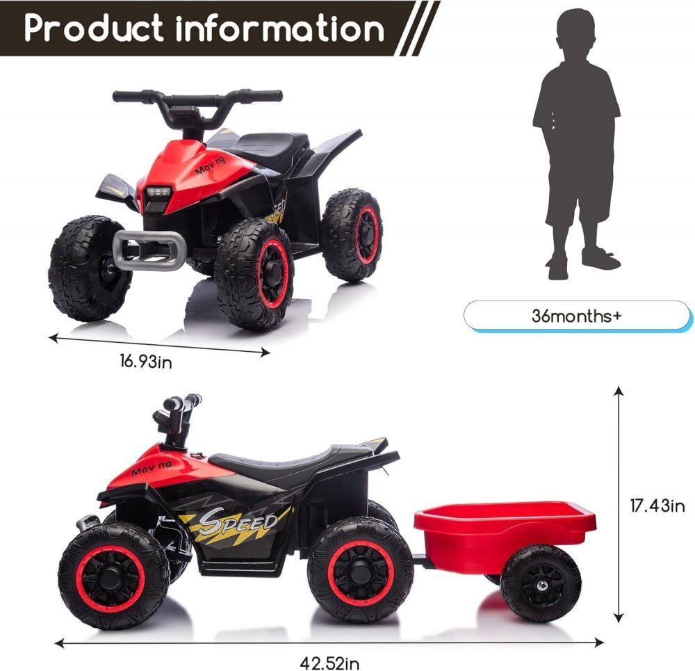 Nichiduta Atv electric cu remorca Mooving Speed Red roti rezistente remorca detasabila acumulator 6V4.5Ah motor 35w suport picioare
