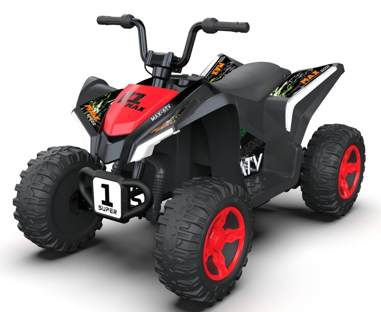Nichiduta Atv electric pentru copii SuperMax Red cu echipare premiumacumulator 24Vmotor 2x65wacceleratie pe ghidon benzi luminoase integrate pe caroserie usbbluetooth incarcator inclus