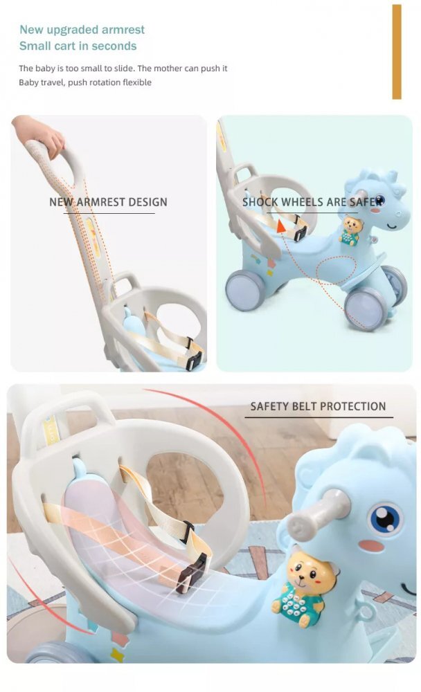 Nichiduta Balansoar 3 in 1 cu maner parental Unicorn Blue
