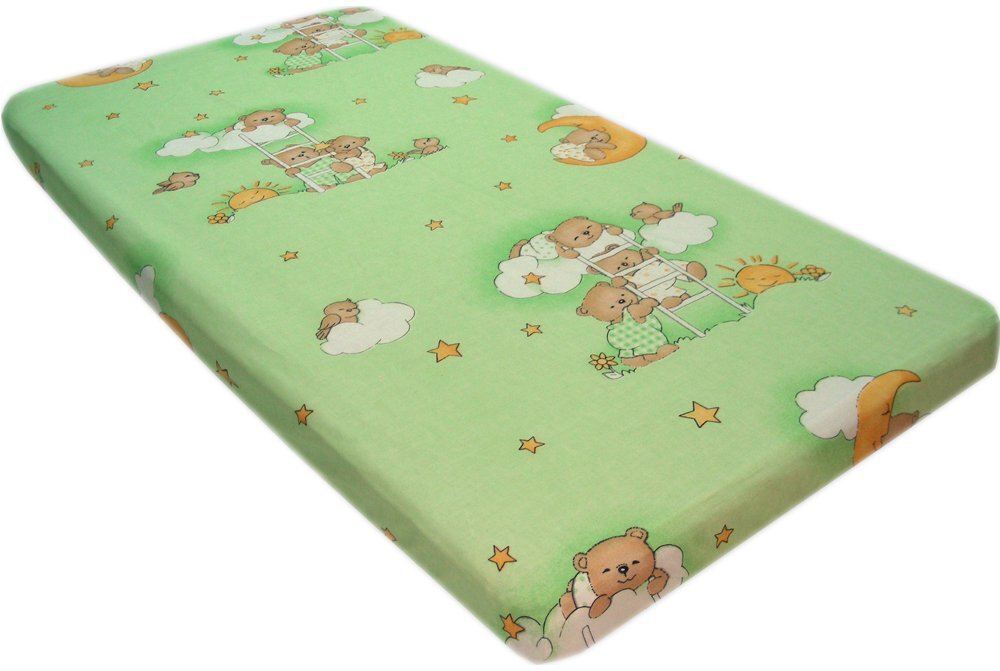 Nichiduta Cearceaf din bumbac cu elastic 120x60 Ursuletul somnoros verde