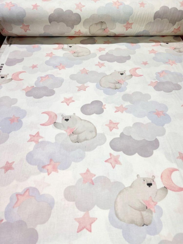 Nichiduta Cearsaf pentru pat copii Bear cloud pink 120x60 cm din bumbac cu banda elastica roata