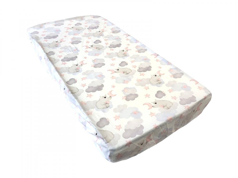 Nichiduta Cearsaf pentru pat copii Bear cloud pink 120x60 cm din bumbac cu banda elastica roata