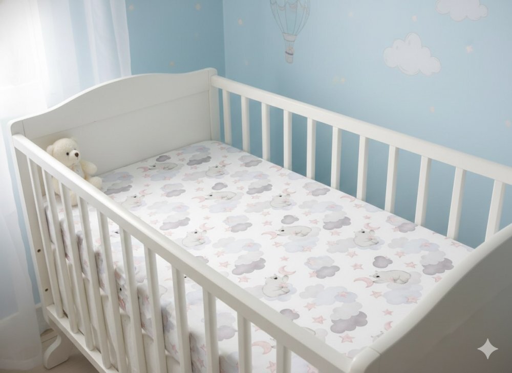 Nichiduta Cearsaf pentru pat copii Bear cloud pink 120x60 cm din bumbac cu banda elastica roata