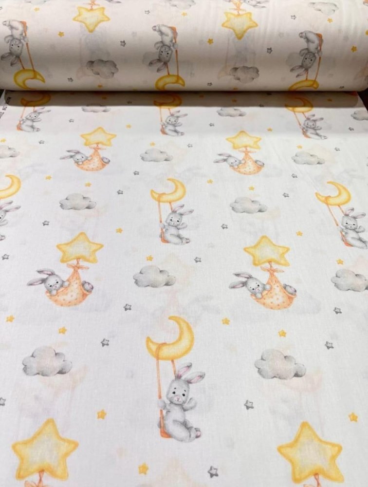 Nichiduta Cearsaf pentru pat copii Bunny with moon and stars 120x60 cm din bumbac cu banda elastica roata
