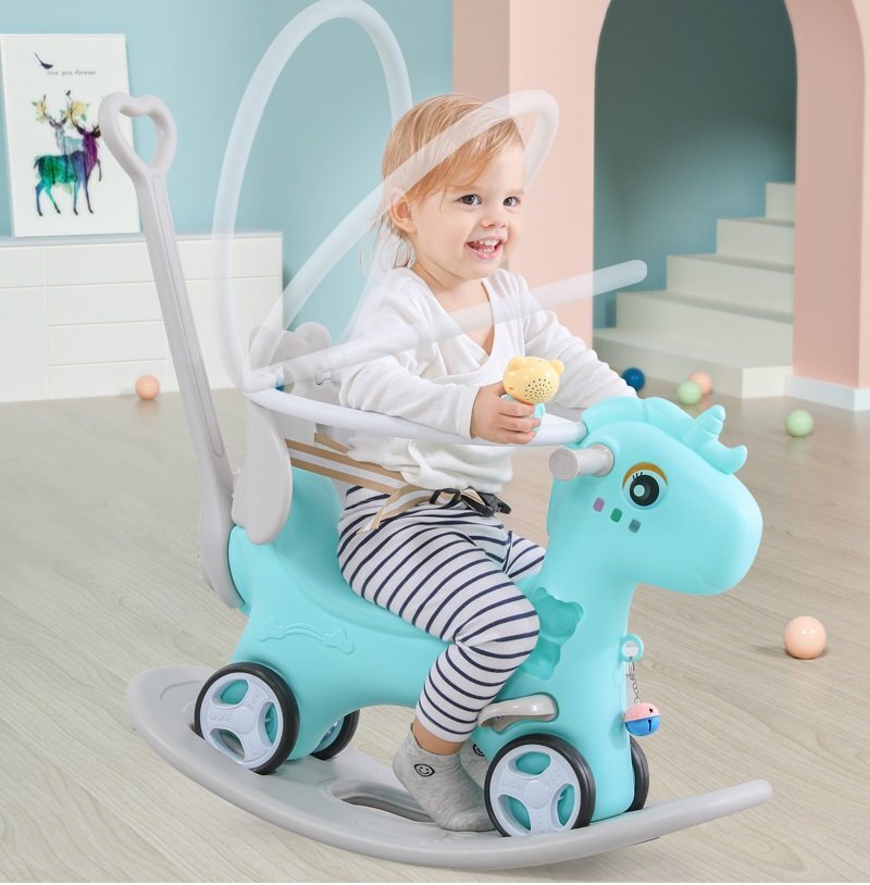 Nichiduta Garden Balansoar 3 in 1 Happy Unicorn Blue transformabil in vehicul fara pedale cu maner parentalroti EVAcenturi de sigurantajucarie muzicalaspatar si bara de siguranta detasabile