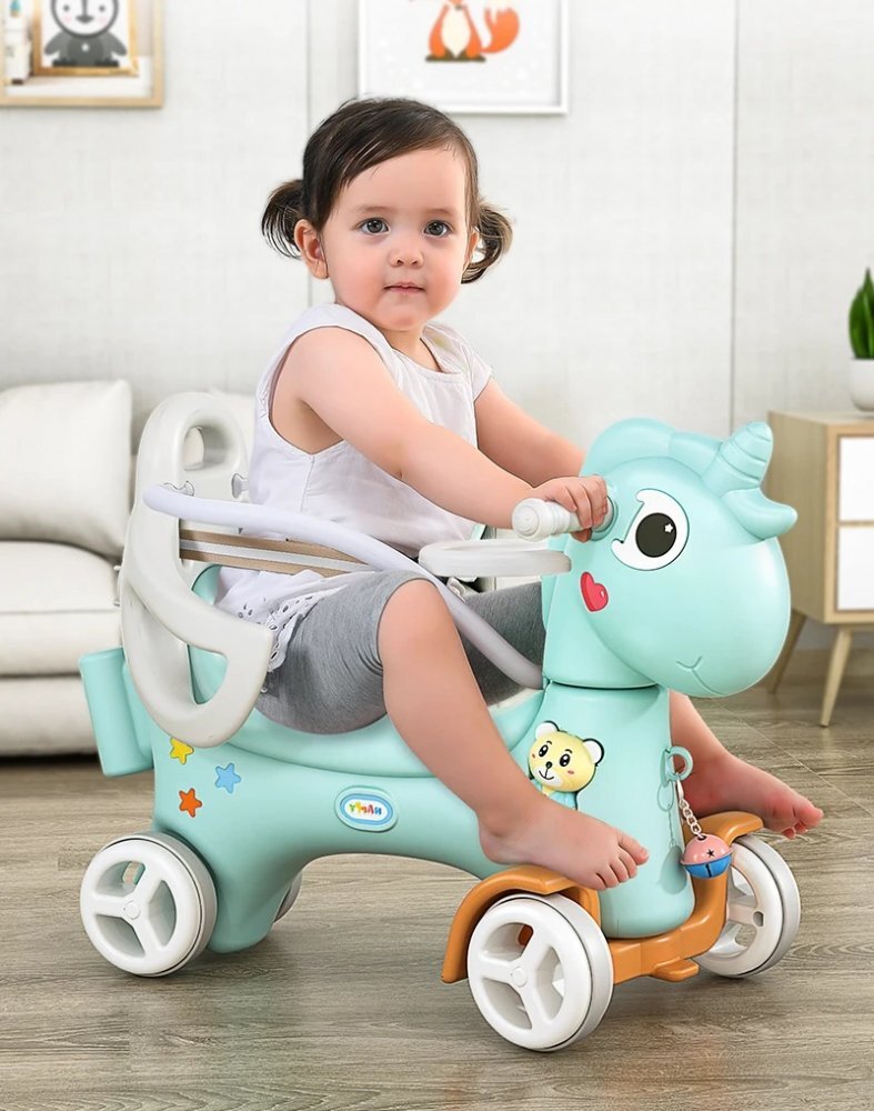 Nichiduta Garden Balansoar 3 in 1 Lovely Unicorn Blue transformabil in vehicul fara pedale cu maner parental roti EVA centuri de siguranta jucarie muzicala spatar si bara de siguranta detasabile