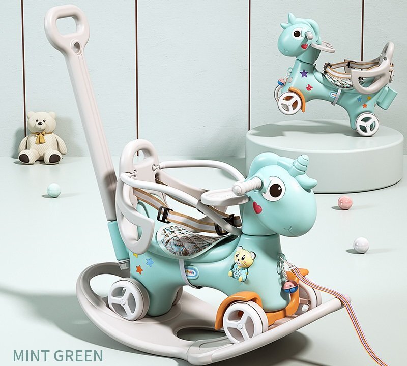 Nichiduta Garden Balansoar 3 in 1 Lovely Unicorn Blue transformabil in vehicul fara pedale cu maner parental roti EVA centuri de siguranta jucarie muzicala spatar si bara de siguranta detasabile