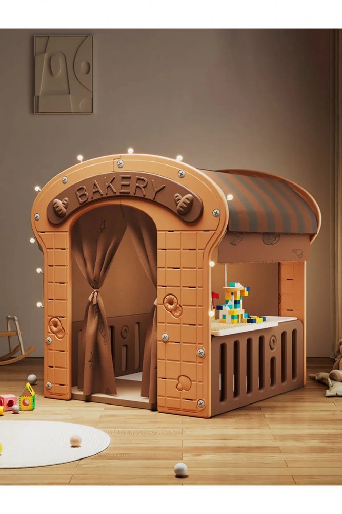 Nichiduta Garden Casuta de joaca pentru copii Nichiduta Graden brown Bakery iluminata cu draperie si covoras din PU inclus dimensiune 98 x 92 x 115 cm